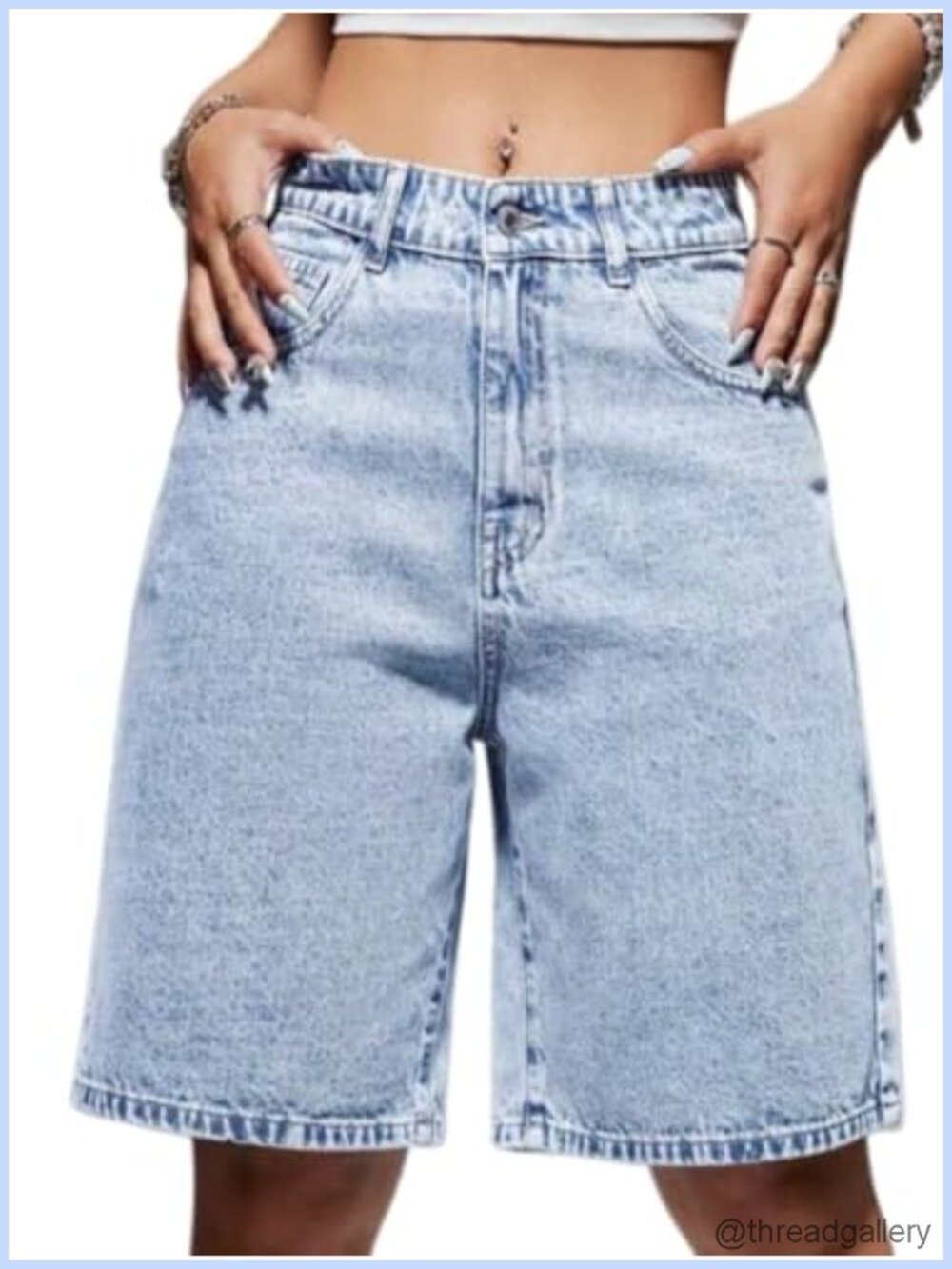 High Waisted Stretchy Denim Bermuda Shorts with Pockets